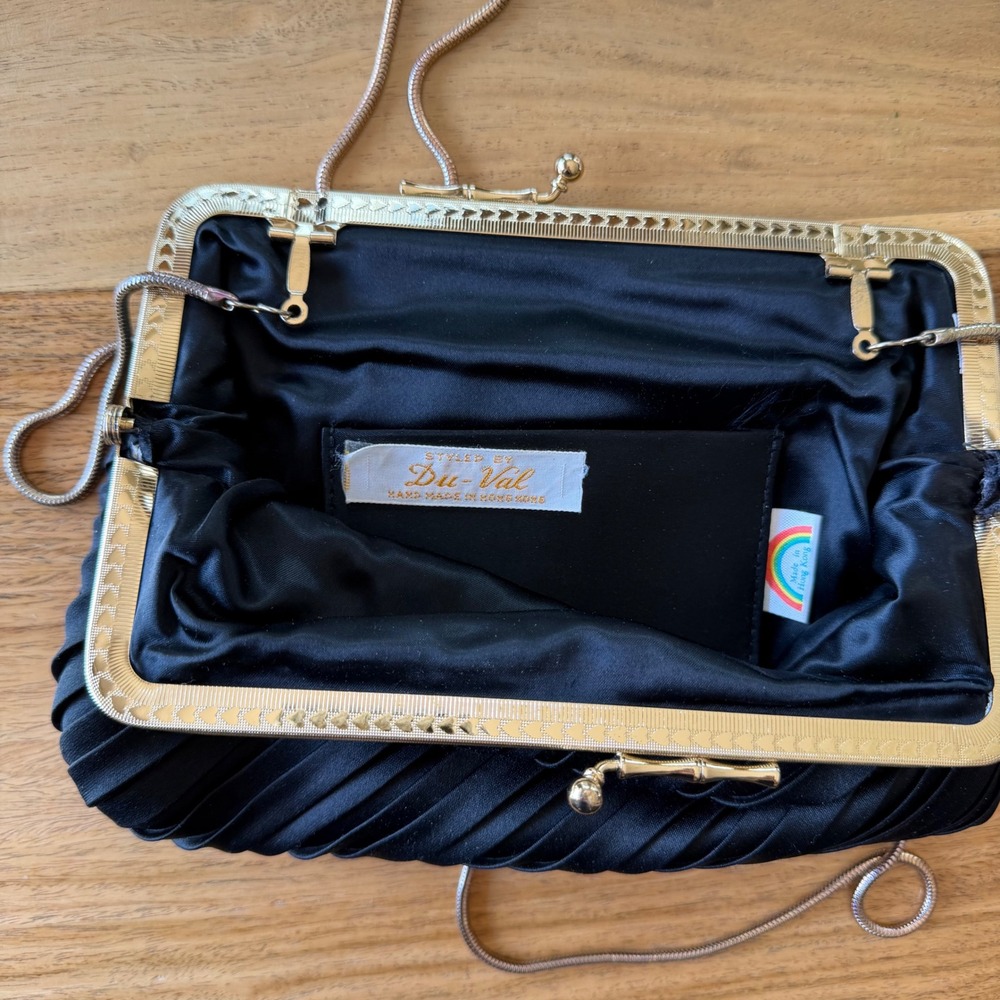 Vintage 50s Du-Val Black Satin Pleated Evening Clutch Bag Gold Frame Hong Kong - Picture 5 of 11